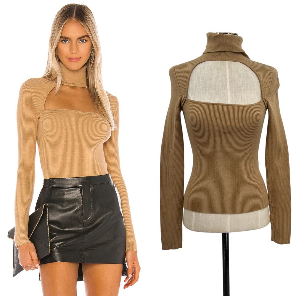 Camila Coelho Roscoe Sweater Cut Out Ribbed Turtleneck Camel Tan Size Small